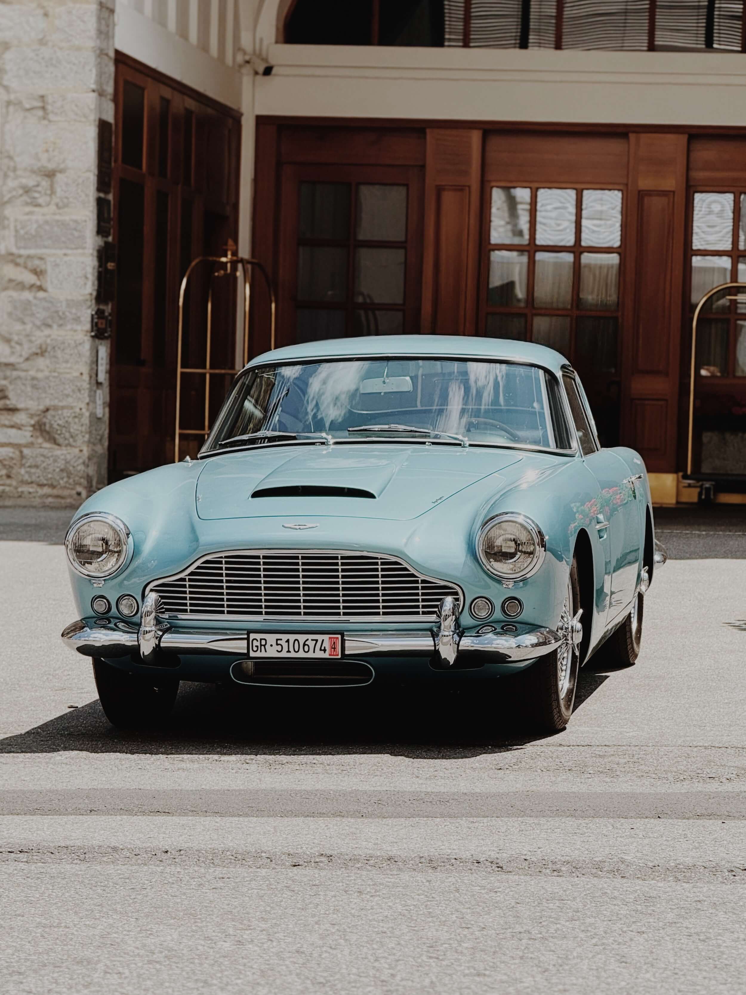 Aston Martin DB4 outside Badrutt's Palace Hotel