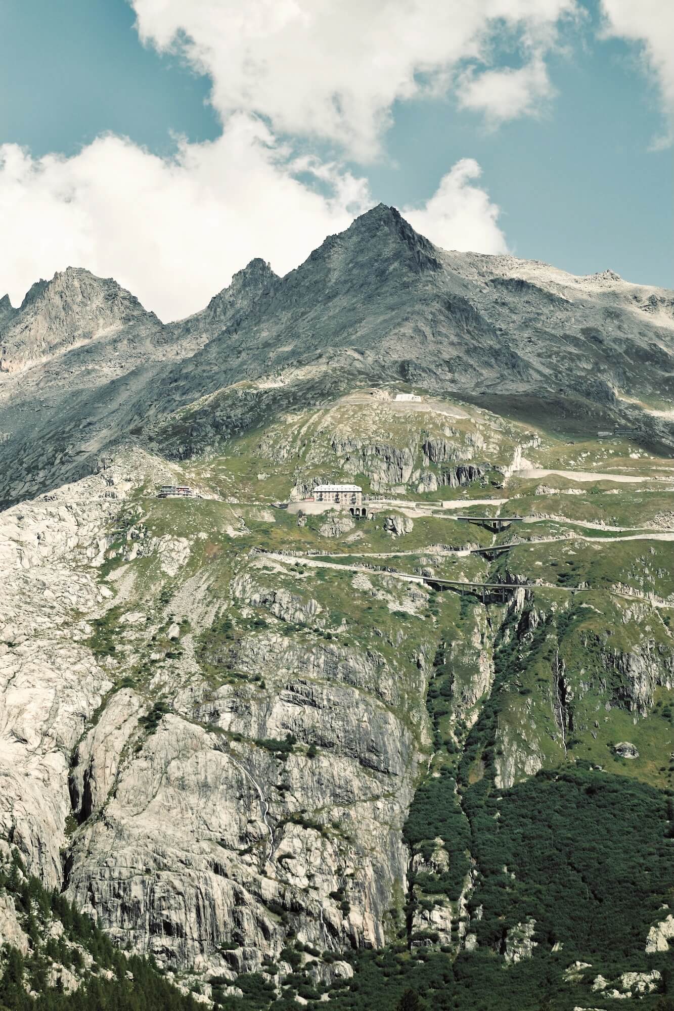 Looking up to the Furka Pass hairpin bends from Gletsch